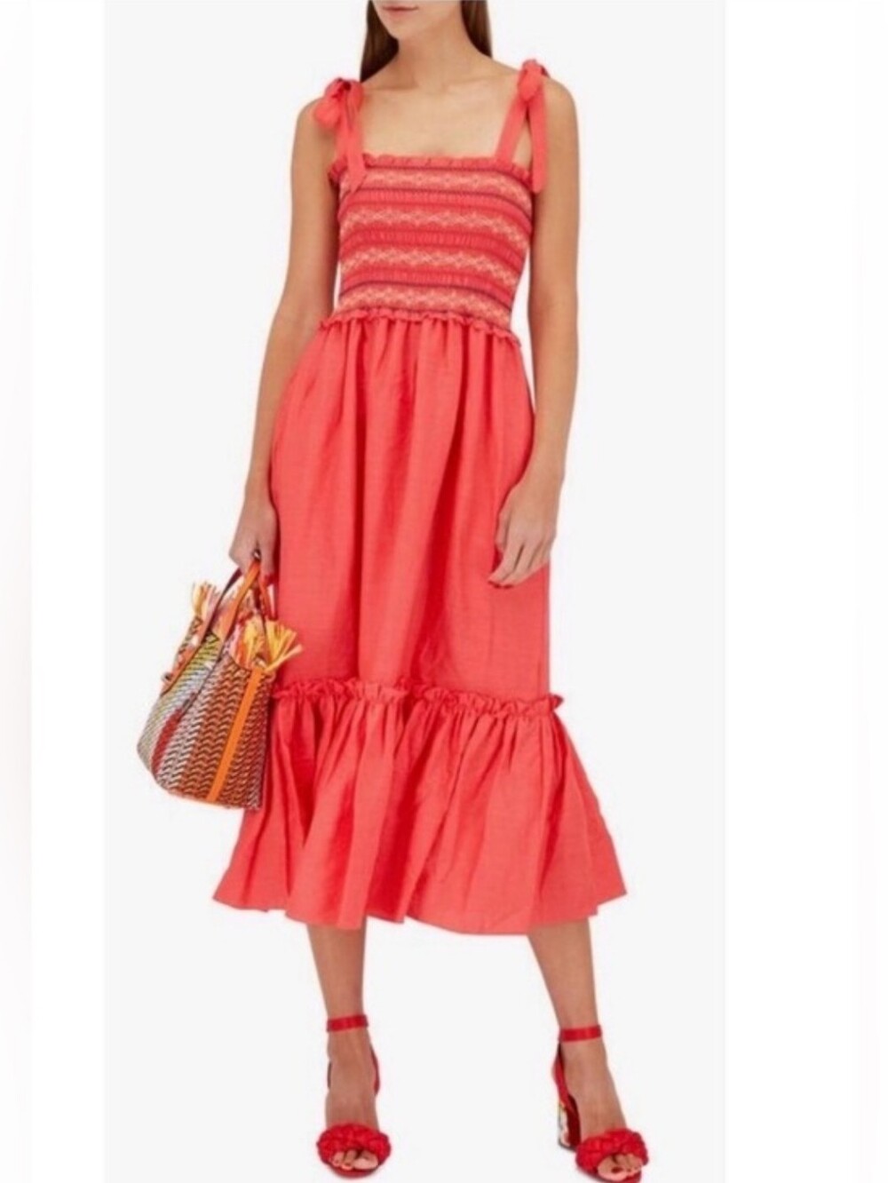 Cara Cara Coral Linen Smocked Tiered Midi Dress Size M